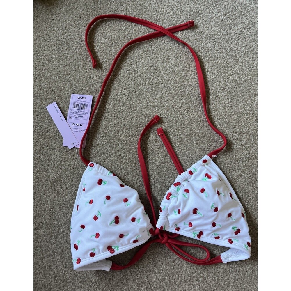 Wild Fable Cherry Print Adjustable Triangle Bikini Top White Red Halter Size M